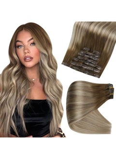 Full Shine 18 Inch Balayage Human Hair Clip in Extensions Brown Ombre Medium Brown Mix Dirty Blonde Real Human Hair Pu Weft Clip ins Layered Hair Extensions Invisible Clip Real Hair 120 Grams  - Image 1