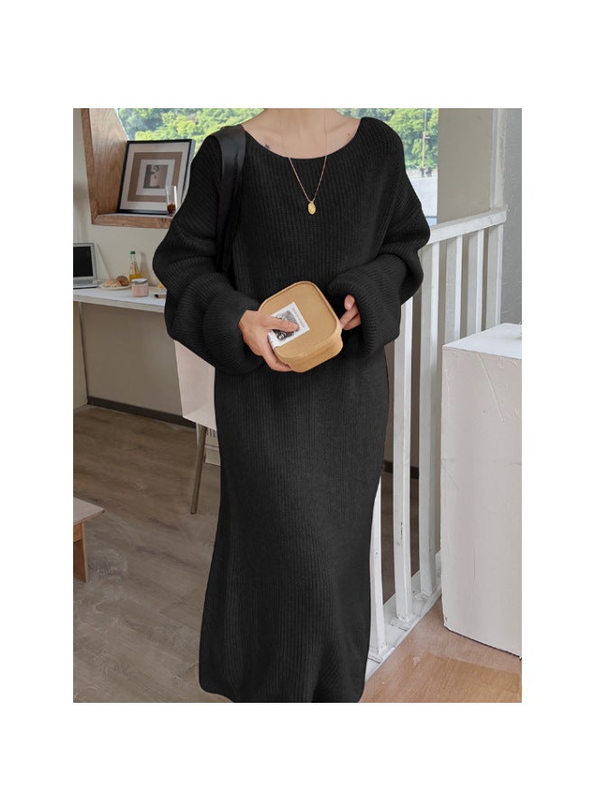 فستان أسود خريفي شتوي أسلوب لطيف طويل فوق الركبة أنيق محبوك واسع طويل