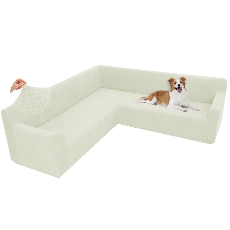 Arfntevss Stretch Sectional Couch Covers L Shaped Corner Sectional Sofa Cover Washable Jacquard Soft Fleece U Shape Sofa Slipcovers Anti Slip Furniture Protector for Dogs Pets (X-Large, Cream) - Image 1