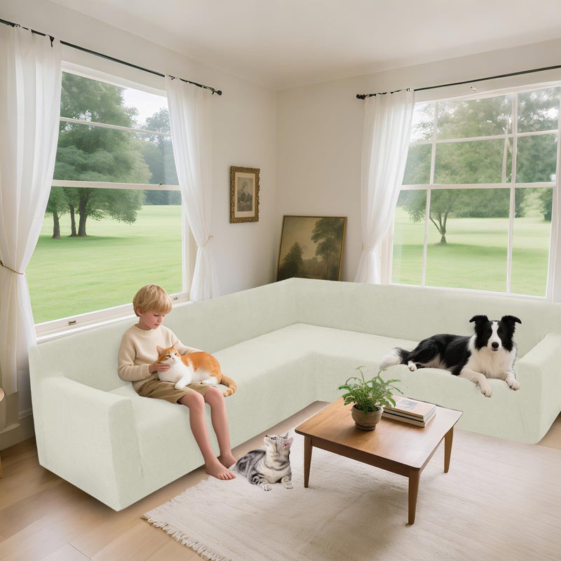 Arfntevss Stretch Sectional Couch Covers L Shaped Corner Sectional Sofa Cover Washable Jacquard Soft Fleece U Shape Sofa Slipcovers Anti Slip Furniture Protector for Dogs Pets (X-Large, Cream) - Image 2