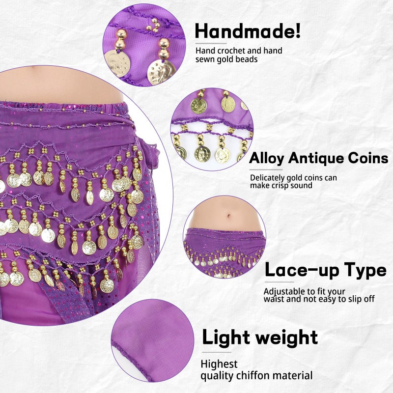 WYVAS 4Pcs Belly Dance Outfit Sets, Belly Dance Chiffon Hip Scarf with Coins, Gypsy Head Scarf with Coins, 2 Coin Wrist Bracelet, 50 Pcs Bobby Pins, for Women Girls Birthday Rave Costume Accessory (Purple) - Image 3
