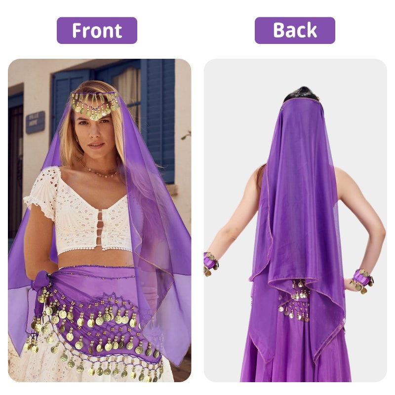 WYVAS 4Pcs Belly Dance Outfit Sets, Belly Dance Chiffon Hip Scarf with Coins, Gypsy Head Scarf with Coins, 2 Coin Wrist Bracelet, 50 Pcs Bobby Pins, for Women Girls Birthday Rave Costume Accessory (Purple) - Image 5