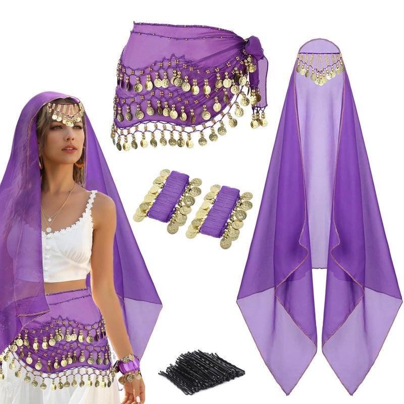 WYVAS 4Pcs Belly Dance Outfit Sets, Belly Dance Chiffon Hip Scarf with Coins, Gypsy Head Scarf with Coins, 2 Coin Wrist Bracelet, 50 Pcs Bobby Pins, for Women Girls Birthday Rave Costume Accessory (Purple) - Image 1