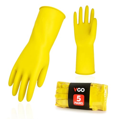 Vgo... 5-Pairs Reusable Household Gloves, Rubber Dishwashing gloves, Extra Thickness, Long Sleeves, Kitchen Cleaning, Working, Painting, Gardening, Pet Care (Size S, Yellow, HH4601) - Image 1