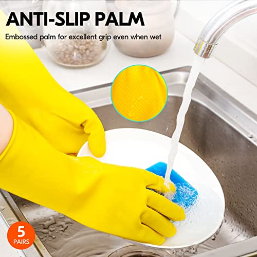 Vgo... 5-Pairs Reusable Household Gloves, Rubber Dishwashing gloves, Extra Thickness, Long Sleeves, Kitchen Cleaning, Working, Painting, Gardening, Pet Care (Size S, Yellow, HH4601) - Image 5