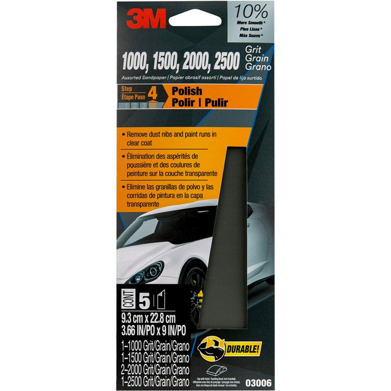 3M Wetordry™ Sandpaper, 5 Sheets, 3-2/3 in x 9 in, Assorted Grits (1000 / 1500 / 2000 / 2500), Use for Wet and Dry Sanding, Longer Lasting Sandpaper, Great for Auto Body Repair, Smooth Finish (03006) - Image 1