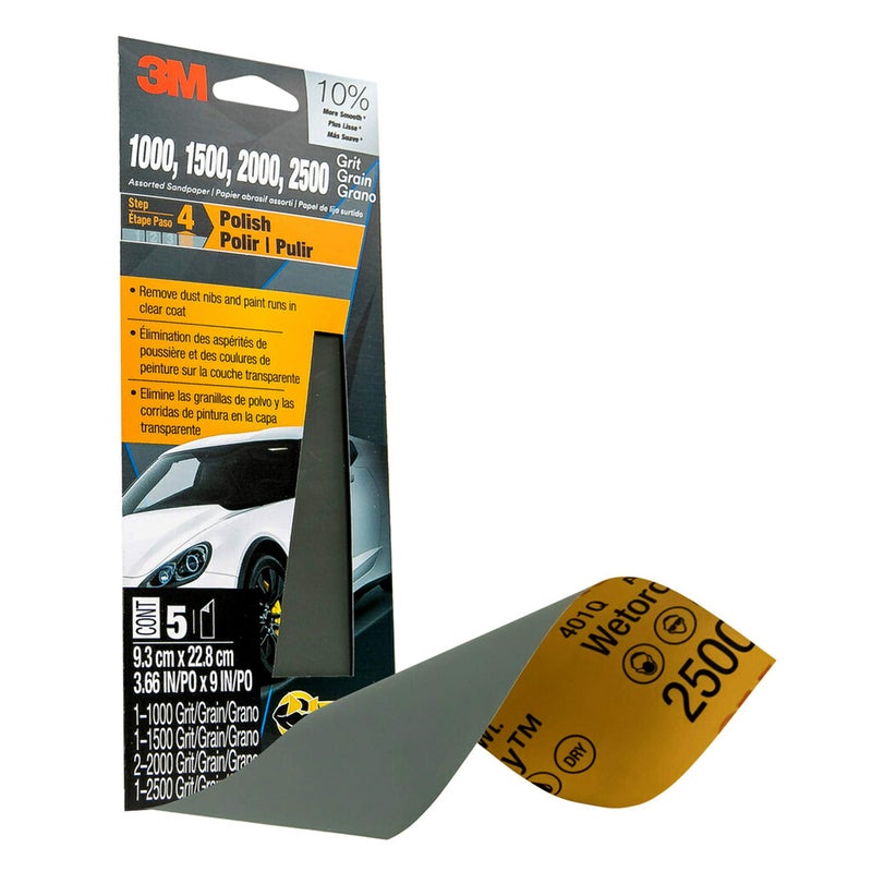 3M Wetordry™ Sandpaper, 5 Sheets, 3-2/3 in x 9 in, Assorted Grits (1000 / 1500 / 2000 / 2500), Use for Wet and Dry Sanding, Longer Lasting Sandpaper, Great for Auto Body Repair, Smooth Finish (03006) - Image 3