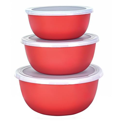 Zaib Microsafe Stainless Steel Mixing Bowl Set with Airtight Lids – Set of 3 (14cm, 16cm, 18cm) | Microwave Safe Food Storage Containers for Kitchen, Serving, & Meal Prep (red plain 3) - Image 1