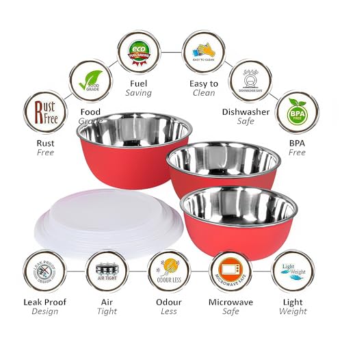 Zaib Microsafe Stainless Steel Mixing Bowl Set with Airtight Lids – Set of 3 (14cm, 16cm, 18cm) | Microwave Safe Food Storage Containers for Kitchen, Serving, & Meal Prep (red plain 3) - Image 2