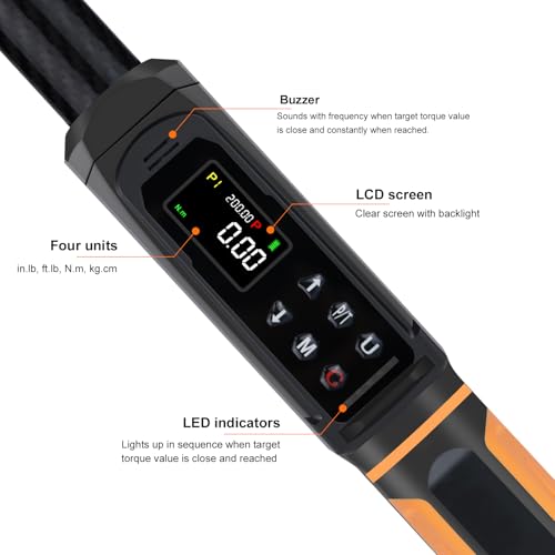 Uharbour Digital Torque Wrench 1/2 Drive with Carbon Fiber Body, 2.2-147.5 Ft.lb Range, ±1% Accuracy with Vibration, Buzzer and LED Alert, Suitable for Car, Motorcycle and Bicycle - Image 4
