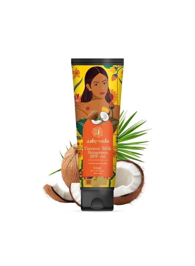 Ashpveda واقي شمس Ashpveda بحليب جوز الهند (SPF 50 PA++++) | حماية واسعة النطاق من الأشعة فوق البنفسجية (UVA/UVB) والضوء الأزرق | مرطب، خفيف الوزن، سريع الامتصاص، لا يترك أثراً أبيض، غير دهني | للبشرة العادية إلى الجافة (50 مل) - Image 1
