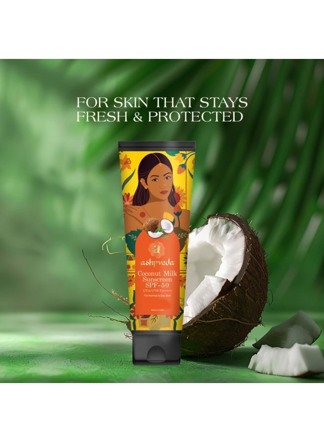 Ashpveda واقي شمس Ashpveda بحليب جوز الهند (SPF 50 PA++++) | حماية واسعة النطاق من الأشعة فوق البنفسجية (UVA/UVB) والضوء الأزرق | مرطب، خفيف الوزن، سريع الامتصاص، لا يترك أثراً أبيض، غير دهني | للبشرة العادية إلى الجافة (50 مل) - Image 4