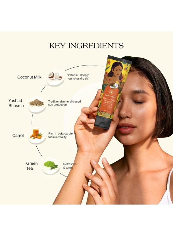 Ashpveda واقي شمس Ashpveda بحليب جوز الهند (SPF 50 PA++++) | حماية واسعة النطاق من الأشعة فوق البنفسجية (UVA/UVB) والضوء الأزرق | مرطب، خفيف الوزن، سريع الامتصاص، لا يترك أثراً أبيض، غير دهني | للبشرة العادية إلى الجافة (50 مل) - Image 2