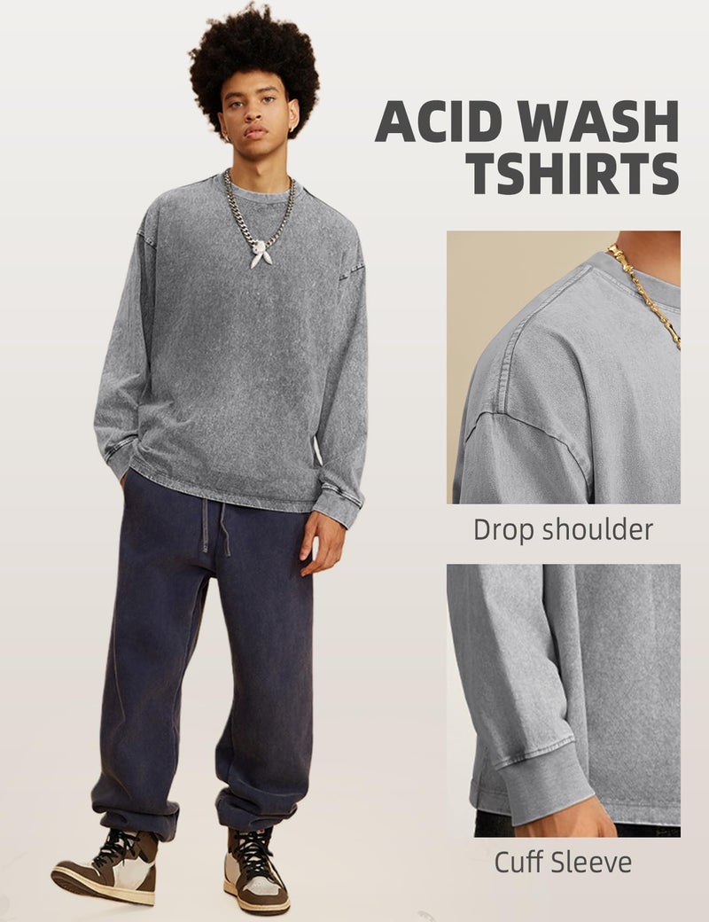 Arssm 3 Pack Mens Oversized T-Shirts Cotton Long Sleeve Tshirts Vintage Acid Wash Baggy Tees(BlackGreyBeige-M) - Image 4