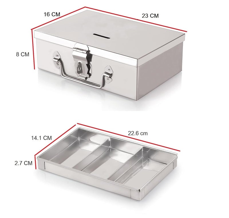 GinoSet Stainless Steel Storage Boxes Safe Locker Box Cash Box for Shop Counter Drawer and Multi Purpose use with 1 Removable Tray Steel Box with 4 Compartment - Image 5