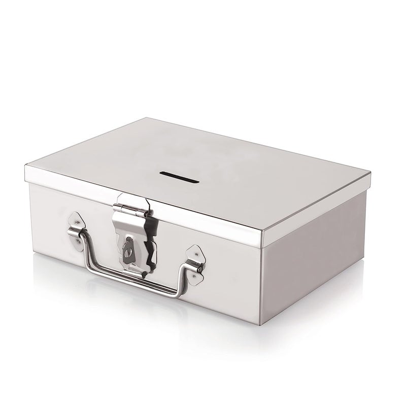 GinoSet Stainless Steel Storage Boxes Safe Locker Box Cash Box for Shop Counter Drawer and Multi Purpose use with 1 Removable Tray Steel Box with 4 Compartment - Image 1