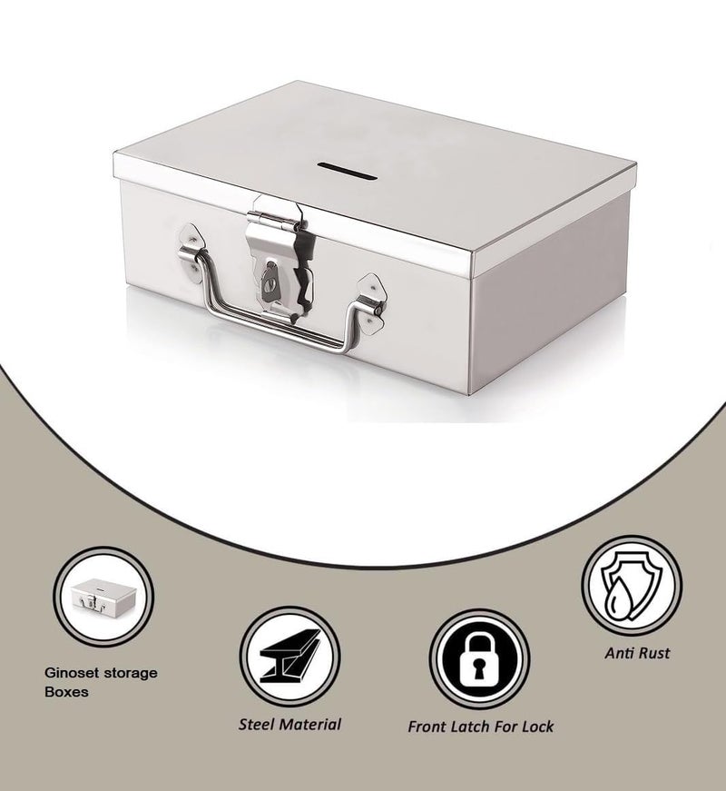GinoSet Stainless Steel Storage Boxes Safe Locker Box Cash Box for Shop Counter Drawer and Multi Purpose use with 1 Removable Tray Steel Box with 4 Compartment - Image 4