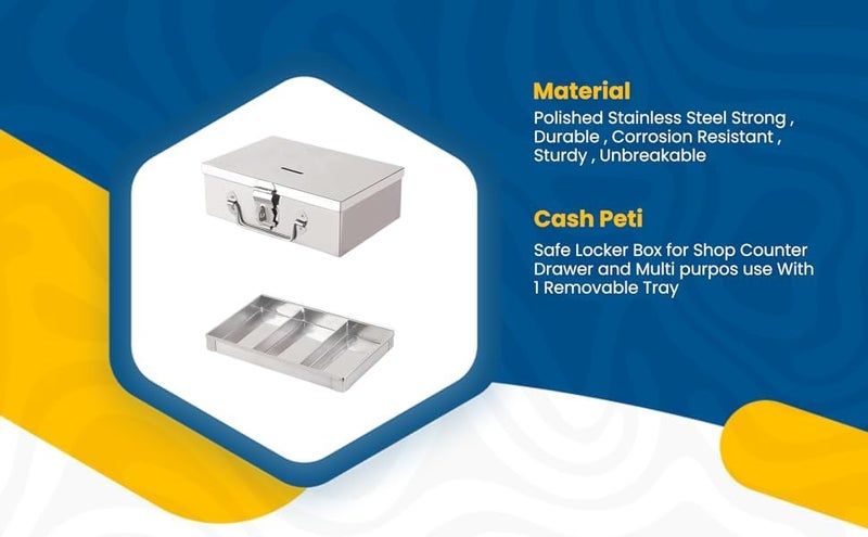 GinoSet Stainless Steel Storage Boxes Safe Locker Box Cash Box for Shop Counter Drawer and Multi Purpose use with 1 Removable Tray Steel Box with 4 Compartment - Image 2