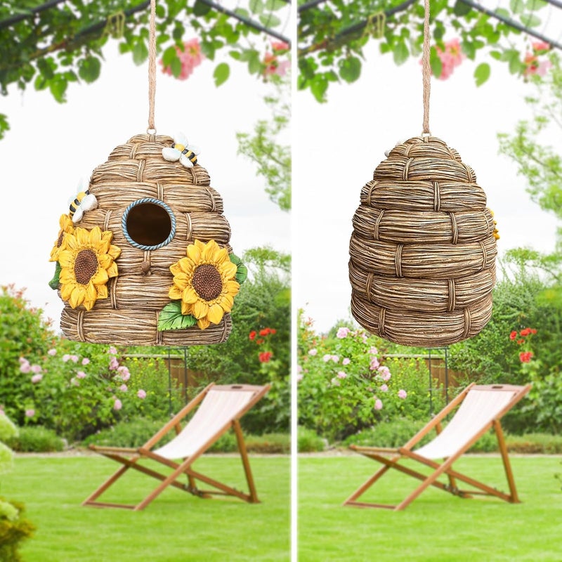 بيت طيور من الراتنج للخارج، بيوت طيور للهواء الطلق للتعشيش، بيوت طيور زخرفية لتزيين حديقة الفناء، مقاوم للماء (على شكل عباد الشمس وقش) - Image 5