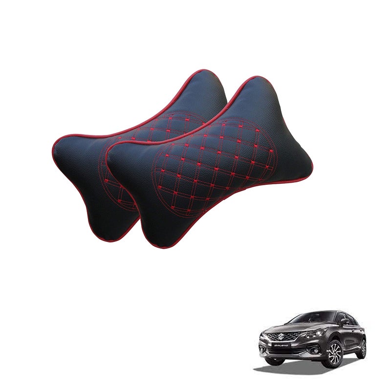 Adroitz Faux Leather Car Neck Rest Pillow/Cushion Set of Pillows Compatible with Baleno (Black, with Red Embroidery) -2 Pieces
