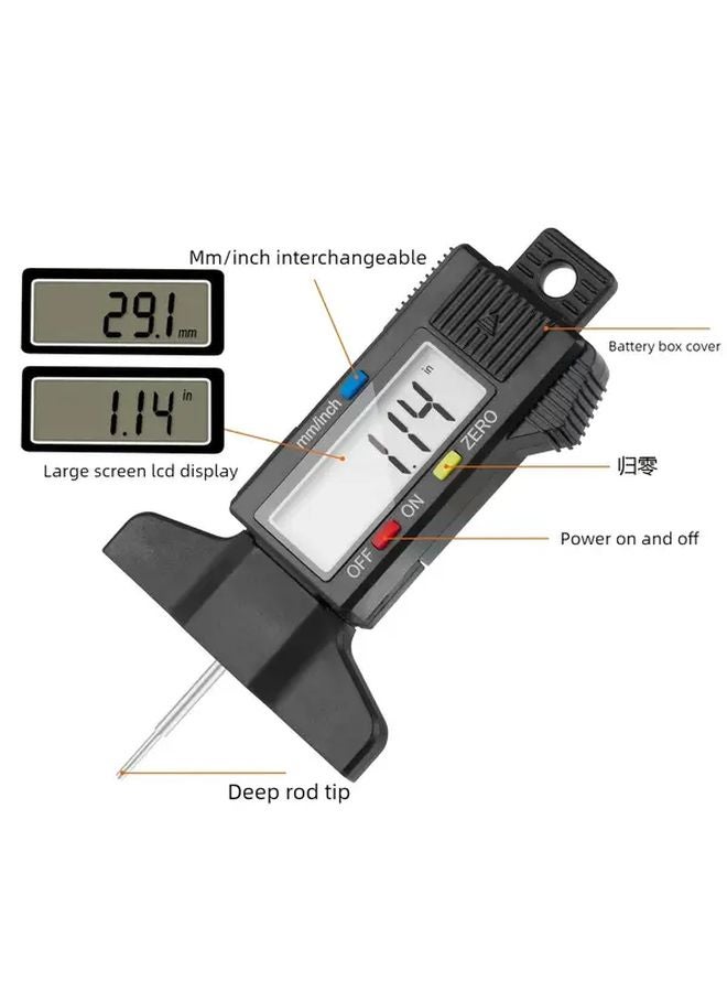 Black Digital Tire Tread Depth Gauge LCD Display Millimeter Inch Conversion Tool - Image 3