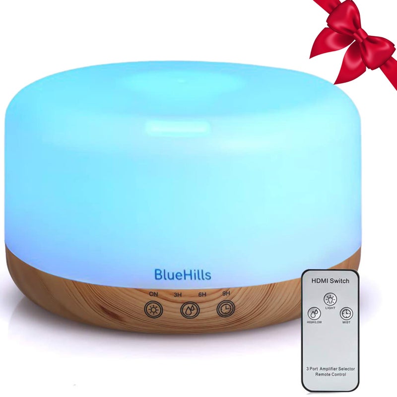 BlueHills Premium 1000 ML XL Essential Oil Diffuser Aromatherapy Humidifier with Remote Timer for Large Room Home 18 Hour Run Huge Coverage Area 1 Liter Mood Light Extra Large Capacity Wood Grain D004 - Image 1