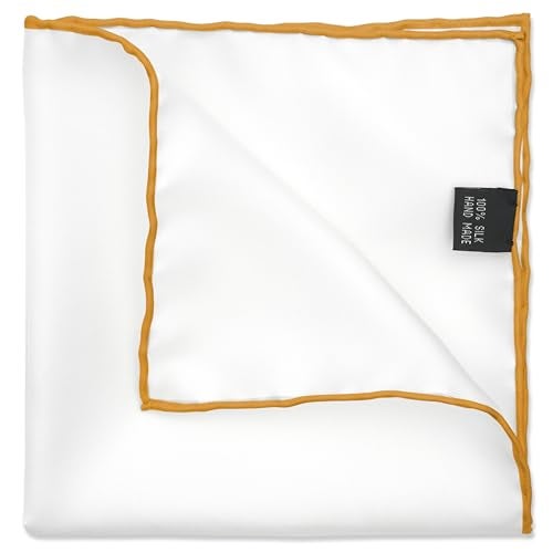 BELLUNO 100% Silk Pocket Square for Men, White Ivory with Honey Gold Hand-Rolled Edge - Image 2