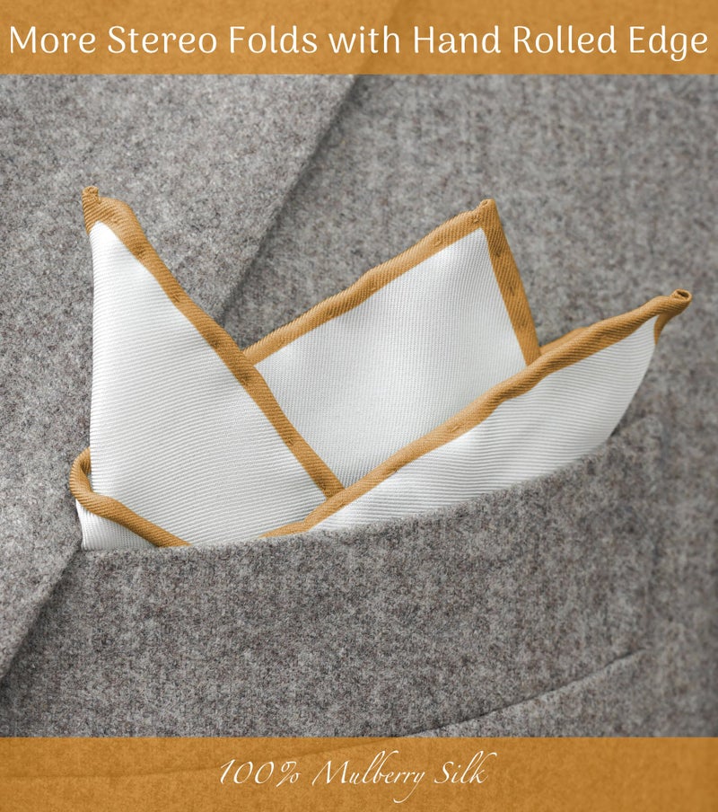 BELLUNO 100% Silk Pocket Square for Men, White Ivory with Honey Gold Hand-Rolled Edge - Image 3