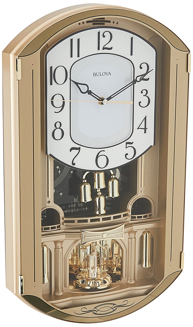 Bulova C4900 Golden Music Wall Clock  GoldTone Case with Rotating Crystal Pendulum  12 Melodies  Adjustable Volume  Night Shutoff