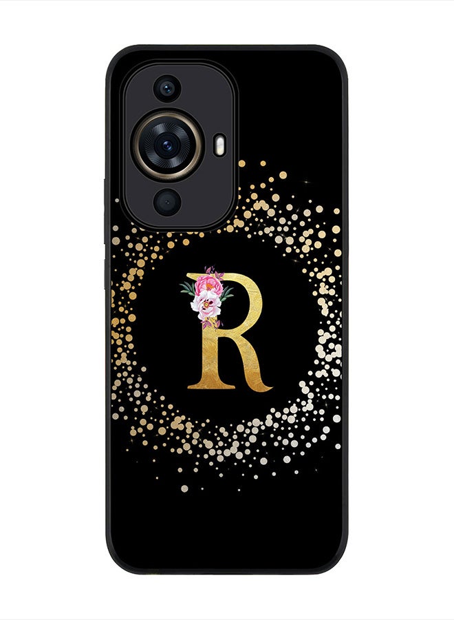 Stylizedd Rugged Black Edge case for Huawei nova 11 Pro, Slim fit Rubber Edges Thin Cover - Custom Monogram Initial Letter Floral Pattern Alphabet - R (Black ) - Image 1