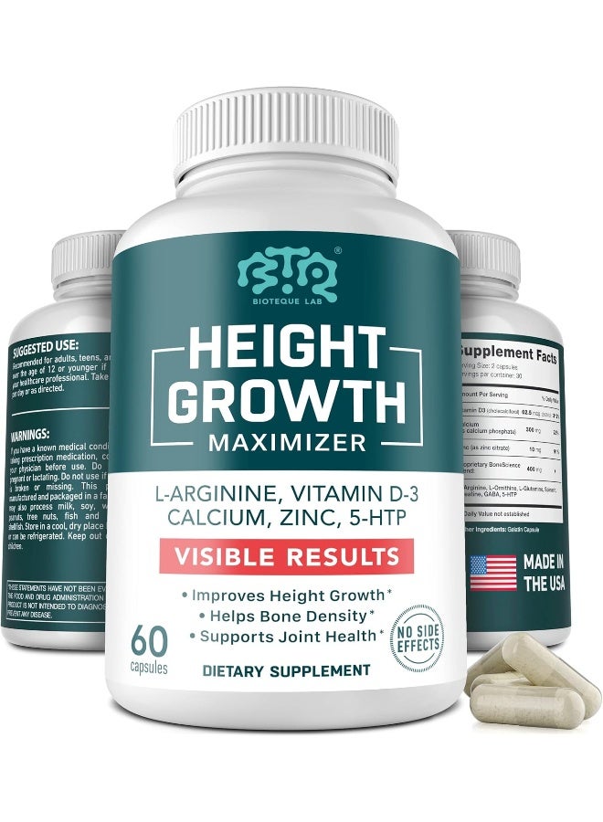 Height Growth Maximizer - L-Arginine, Vitamin D-3, Calcium, Zinc, 5-Htp - 60 Capsules - Image 1