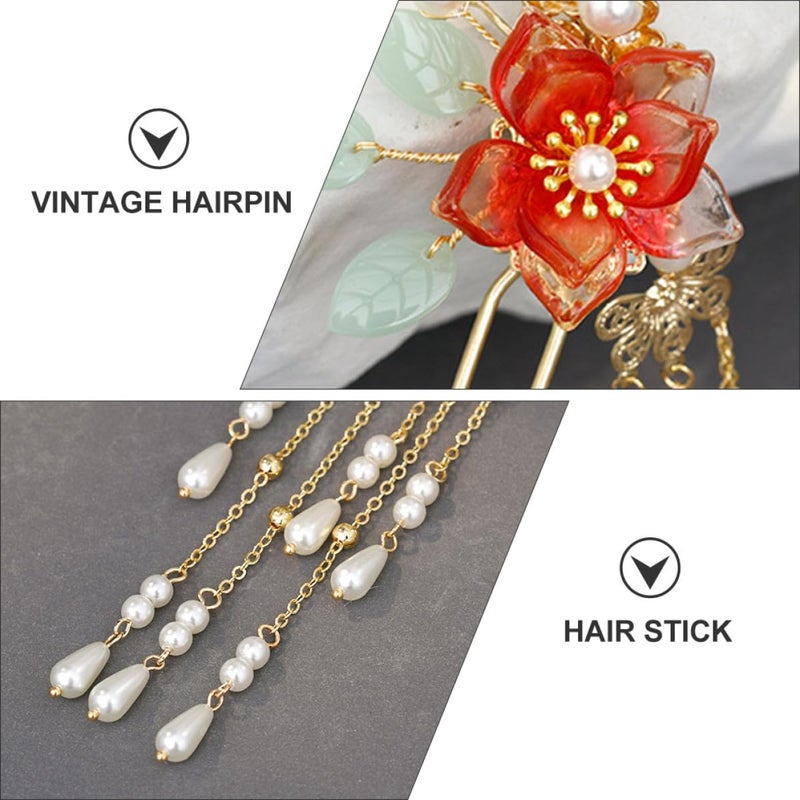 Red Imitation Jade Flower Tassel Hair Stick Metal Hairpin For Women Hanfu Traditional Accessory - Image 4