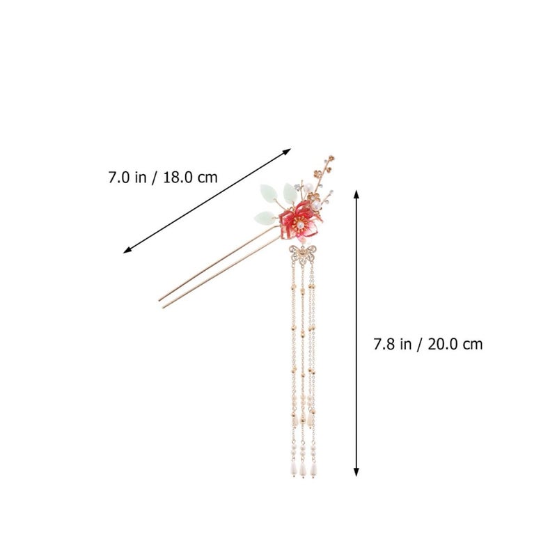 Red Imitation Jade Flower Tassel Hair Stick Metal Hairpin For Women Hanfu Traditional Accessory - Image 3
