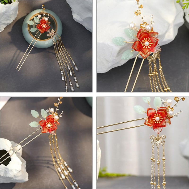 Red Imitation Jade Flower Tassel Hair Stick Metal Hairpin For Women Hanfu Traditional Accessory - Image 5