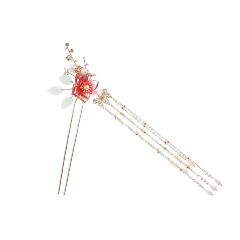 Red Imitation Jade Flower Tassel Hair Stick Metal Hairpin For Women Hanfu Traditional Accessory - Image 2