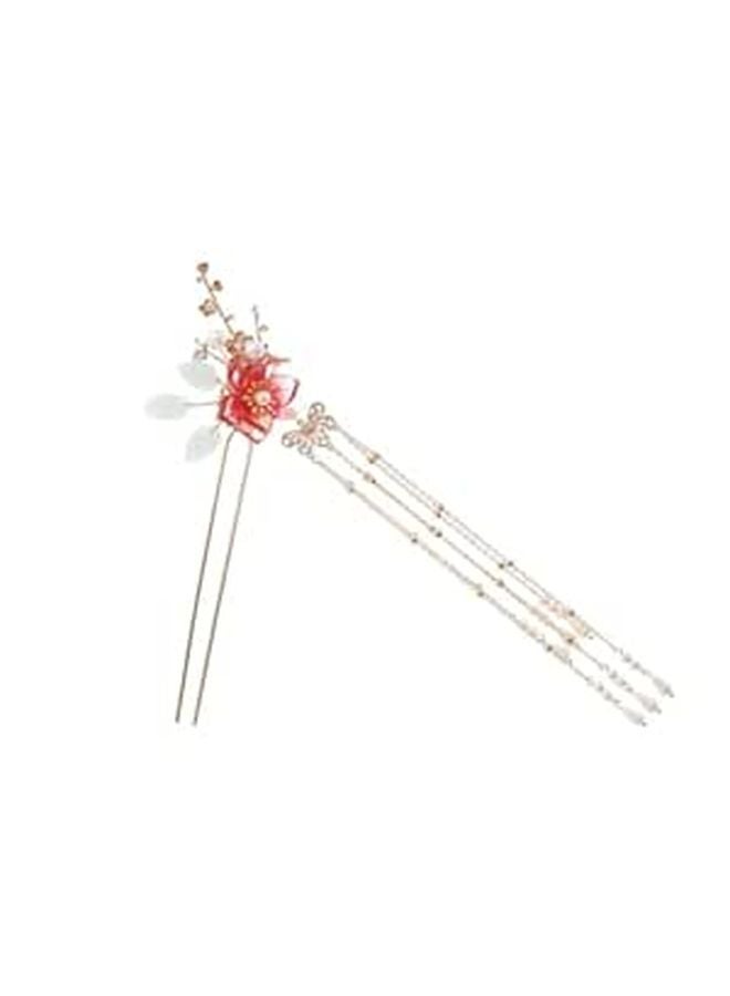 Red Imitation Jade Flower Tassel Hair Stick Metal Hairpin For Women Hanfu Traditional Accessory - Image 1