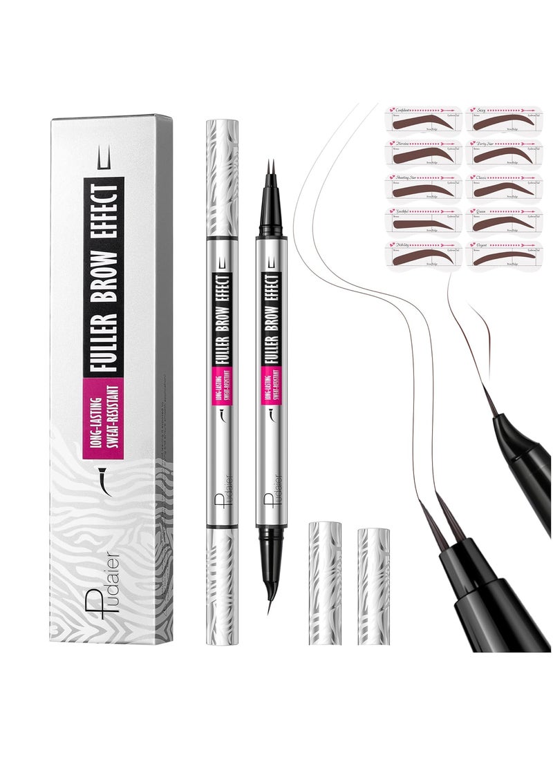 pudaier - 2 Pack Curved Eyebrow Pencil 2 in 1 Dual Ended Eyebrow Pen and Eyeliner Microblading Eyebrow Pencil with 10 Brow Stencils Waterproof Eye Brow Pencils for Women Natural Hair Like Brows Cool Brown - Image 1