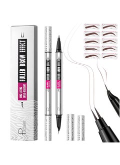 pudaier 2 Pack Curved Eyebrow Pencil 2 in 1 Dual Ended Eyebrow Pen and Eyeliner Microblading Eyebrow Pencil with 10 Brow Stencils Waterproof Eye Brow Pencils for Women Natural Hair Like Brows Cool Brown 