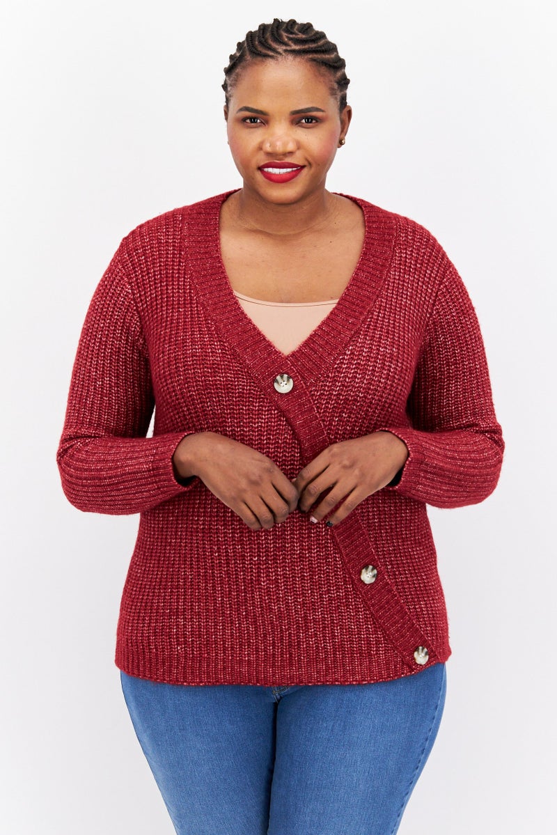 Fire & Glory Women V-Neck Textured Sweater, Maroon - Image 1