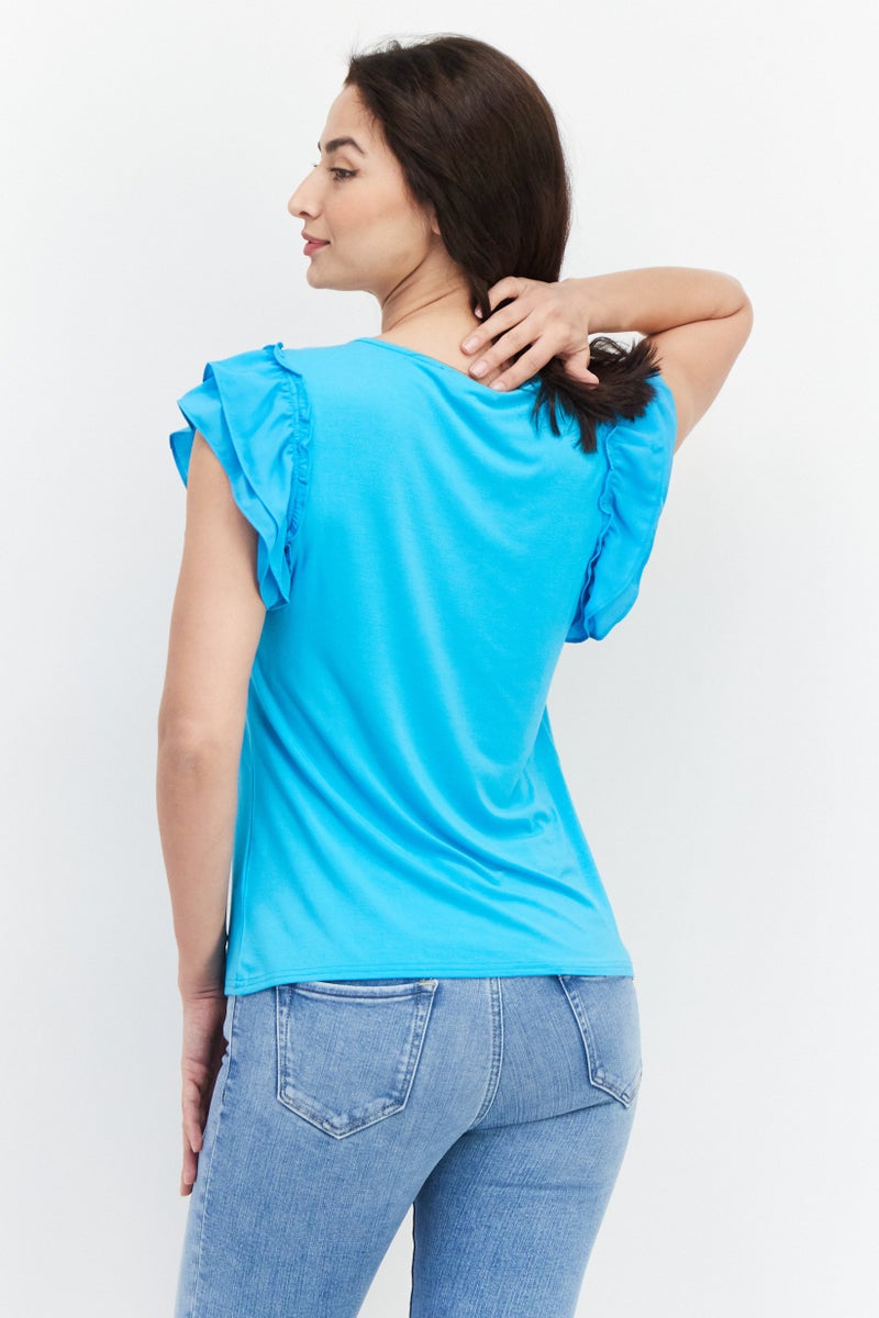 Cooper & Ella بلوزة نسائية بأكمام متطايرة وياقة دائرية، لون أزرق سكوبا - Image 4