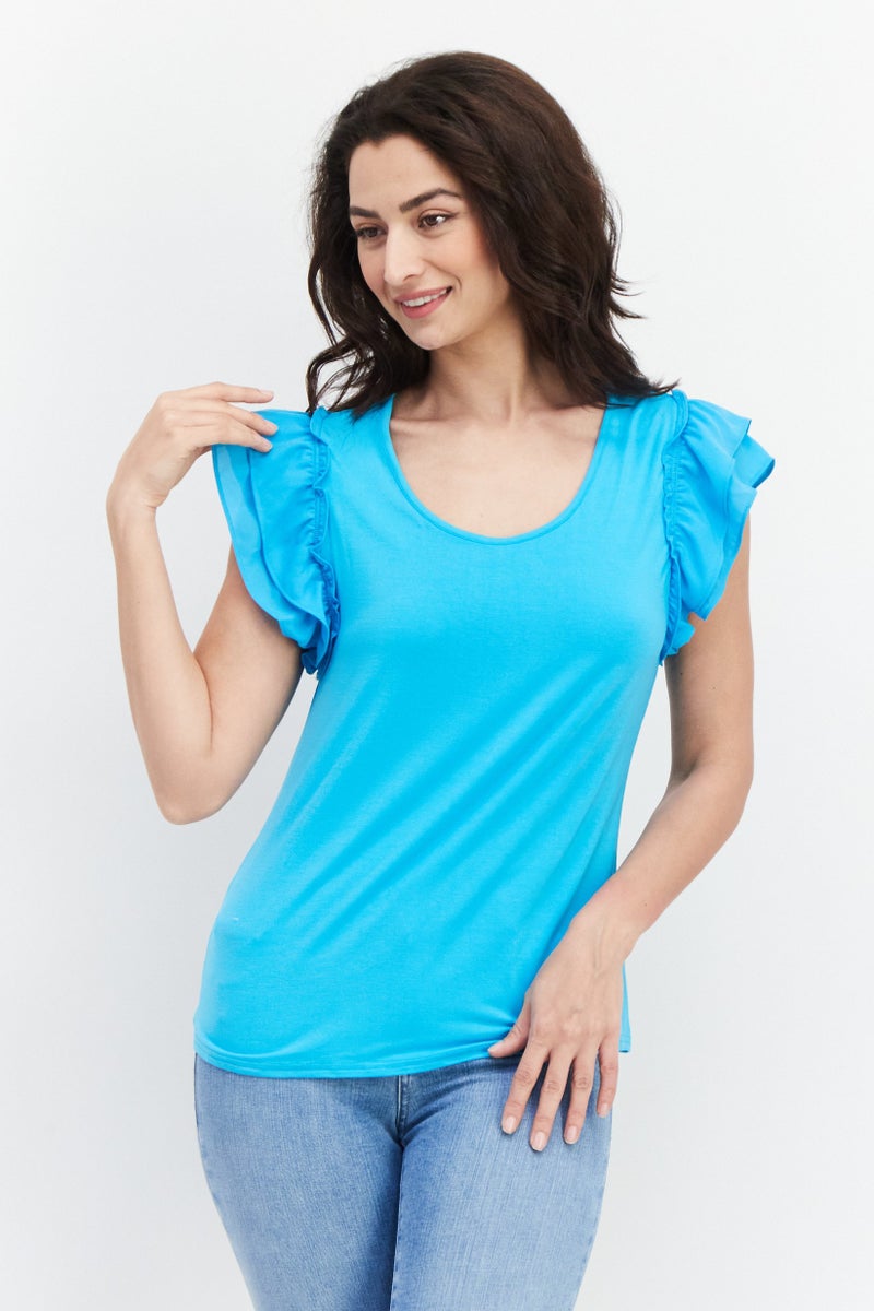 Cooper & Ella بلوزة نسائية بأكمام متطايرة وياقة دائرية، لون أزرق سكوبا - Image 1