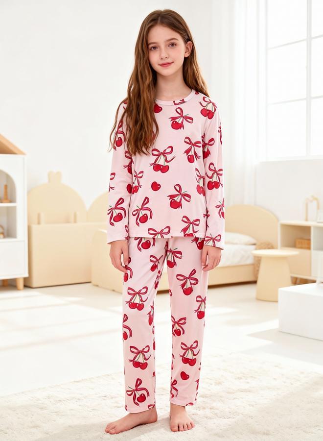 Take Two Girls Cherry Print T-Shirt and Pyjama Set - Image 3