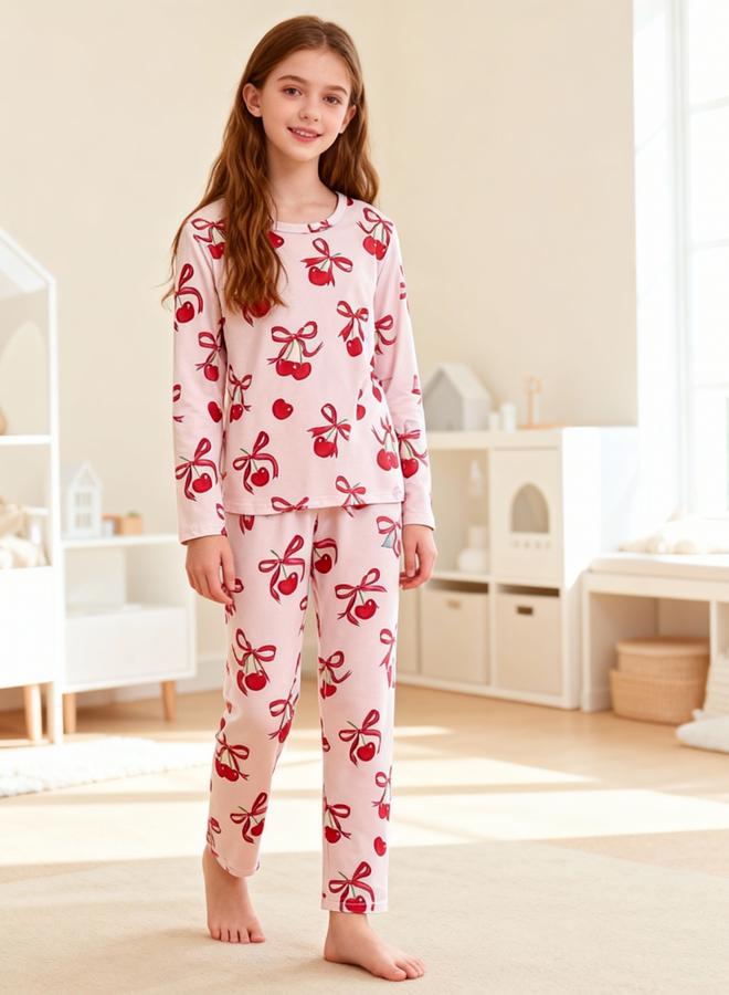 Take Two Girls Cherry Print T-Shirt and Pyjama Set - Image 1