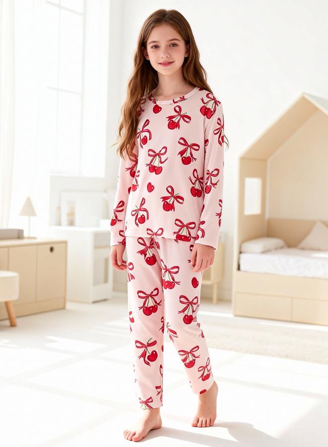 Take Two Girls Cherry Print T-Shirt and Pyjama Set - Image 5