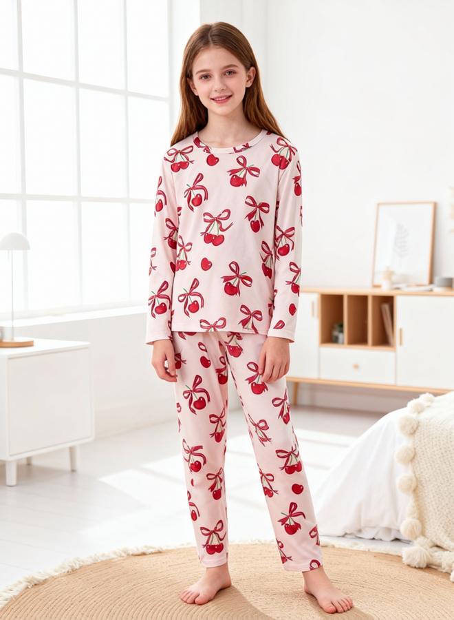 Take Two Girls Cherry Print T-Shirt and Pyjama Set - Image 2