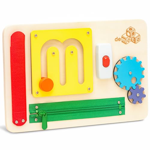 deMoca Sensory Busy Board for 1 Year Old Travel Wooden Montessori Busy Board for Toddlers 13 Switch and Fidget Activity Board for Early Motor Skills and Travel Play - Image 1