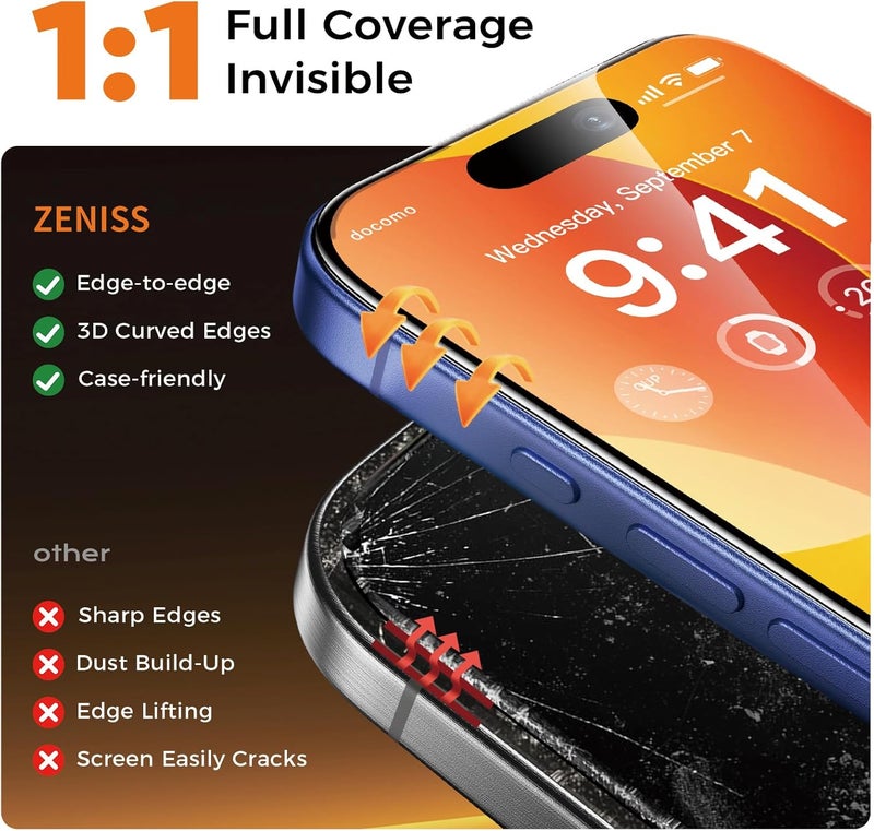 Zeniss NeverBreak 9H+ Hardness for iPhone 16 Plus Screen Protector 12FT Military Grade Protection (Scratch, Shatter, Drop Resistance) 16Plus Tempered Glass Full Edge Coverage 6.7" 2 Pack Replacement Parts - Image 4