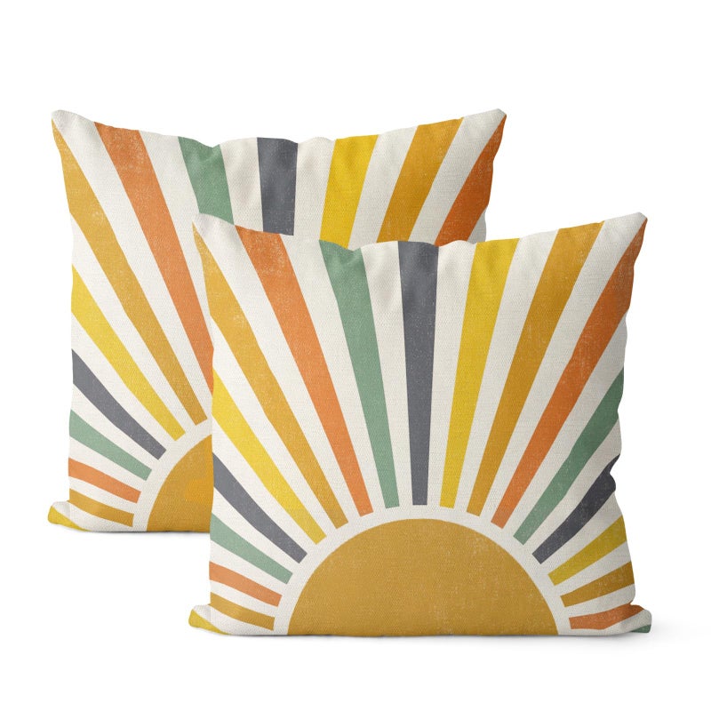 JEFERSO Summer Pillow Covers 18x18 Inch Set of 2 Stripes Yellow Sunshine Decorations Outdoor Throw Pillows Boho Summer Rainbow Sun Pillowcase Linen Decor Cute Farmhouse Cushion Case for Home Bedroom - Image 2