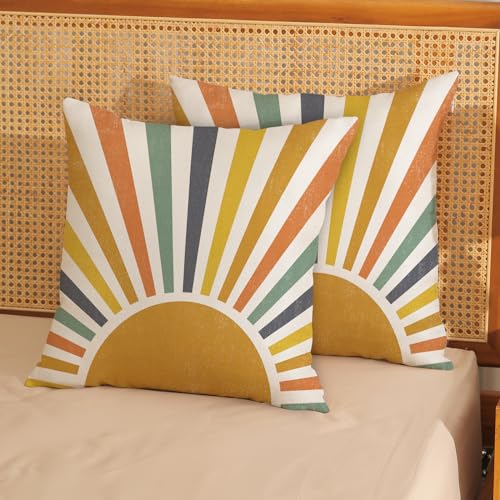 JEFERSO Summer Pillow Covers 18x18 Inch Set of 2 Stripes Yellow Sunshine Decorations Outdoor Throw Pillows Boho Summer Rainbow Sun Pillowcase Linen Decor Cute Farmhouse Cushion Case for Home Bedroom - Image 3