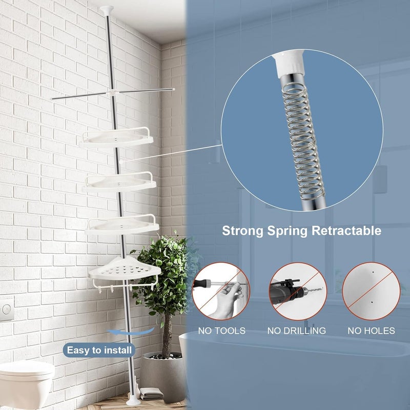 Derovan 4‑Tier Tension‑Pole Corner Shower Caddy – Height‑Adjustable 150‑280 cm Rust‑Resistant 304 Stainless Organizer with Hooks & Drainable Shelves - Image 3